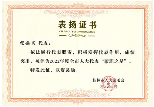 桂林建安集團(tuán)楊超靈董事長榮獲桂林市人大代表“履職之星”